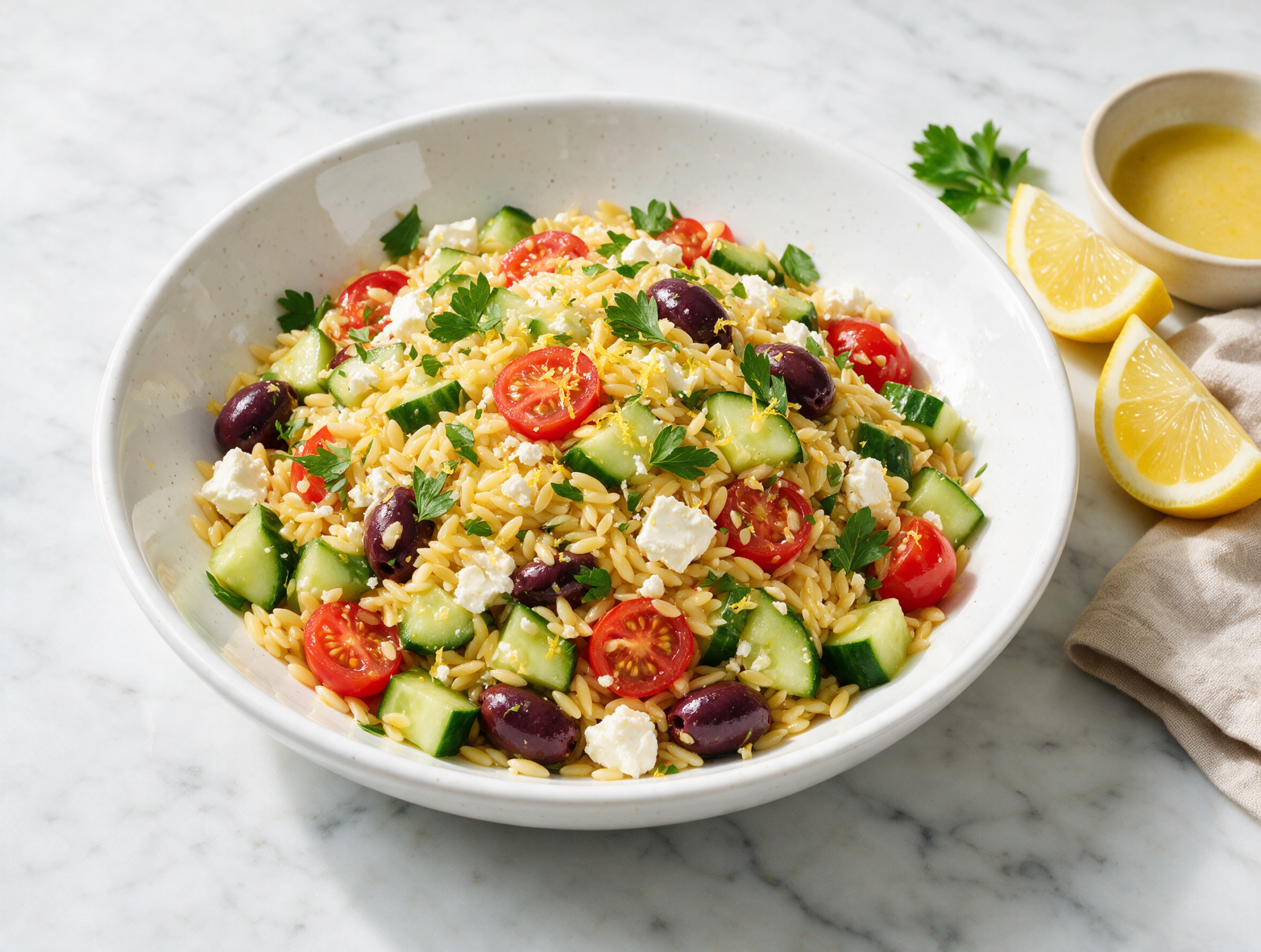 Overhead view of lemon orzo and olive salad in a ceramic bowl with feta crumbles, olives, and lemon wedges on a marble counter.