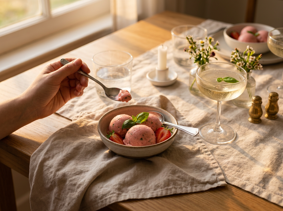 A hand spoons strawberry basil sorbet at a table with a linen napkin and a chilled glass of prosecco nearby.