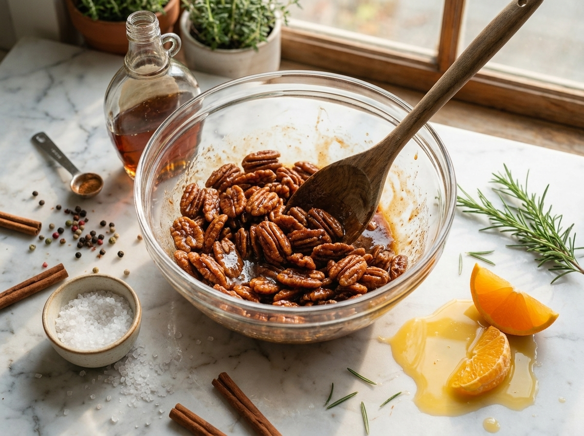 Wooden spoon stirring pecan halves coated in melted butter and maple syrup inside a glass mixing bowl.