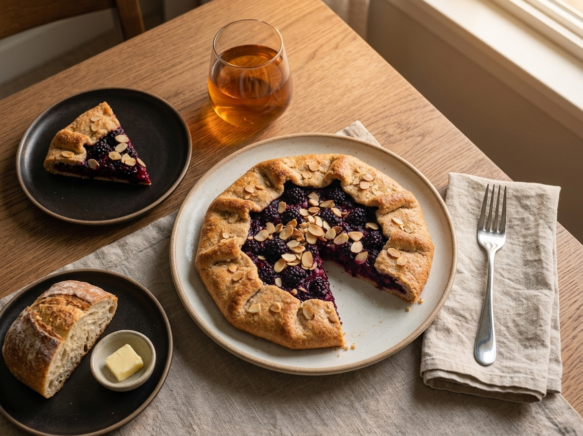 A plated slice of blackberry almond galette next to a linen napkin and a small glass of tea on a wooden table.