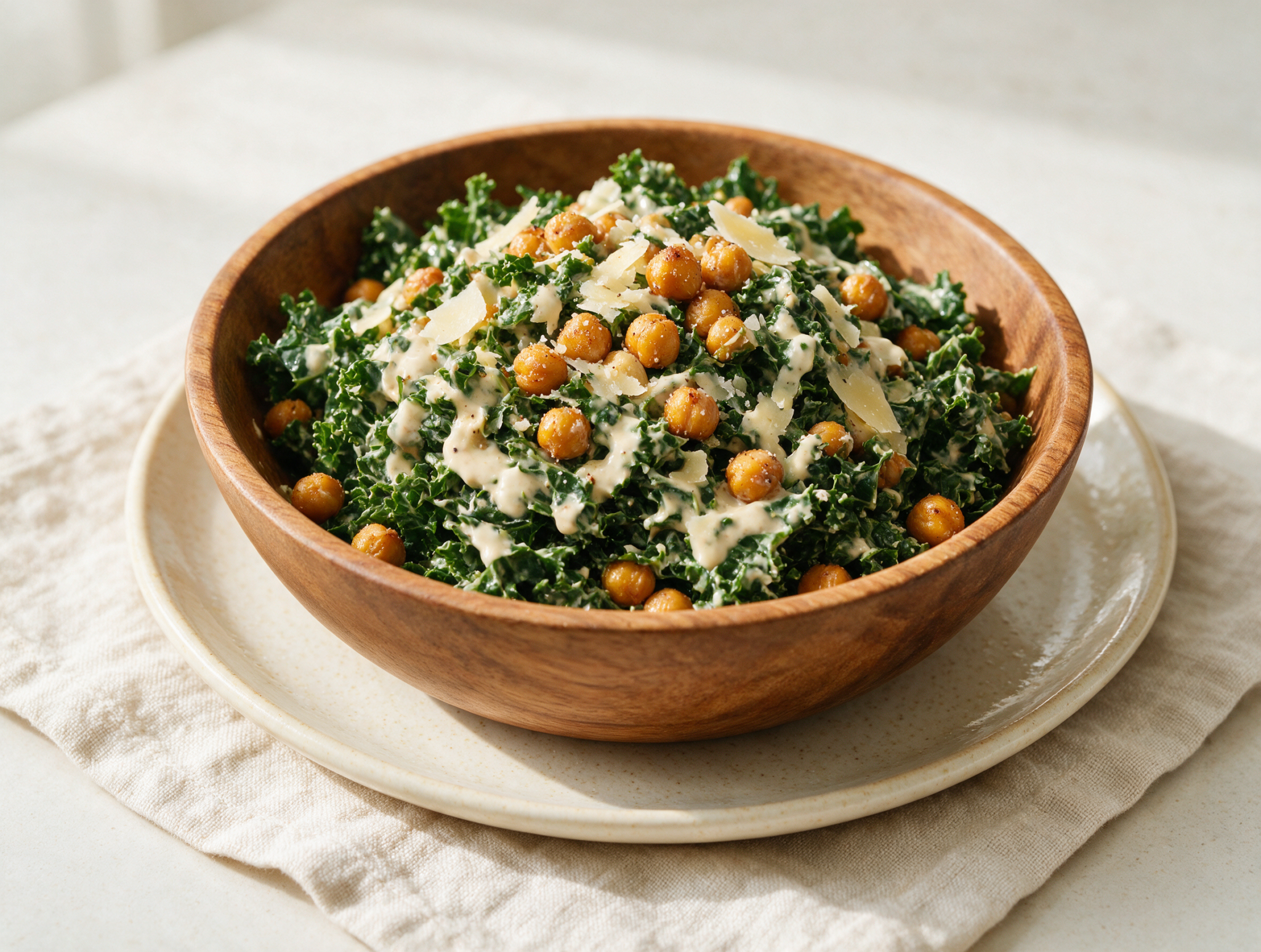 Overhead view of massaged kale Caesar salad with golden roasted chickpeas and shaved parmesan in a wooden bowl