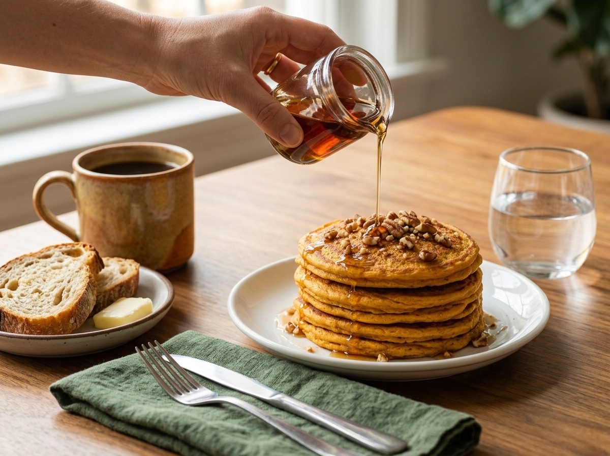Breakfast table scene with a stack of pumpkin spice pancakes, coffee mug, and maple syrup being poured from a small jar.