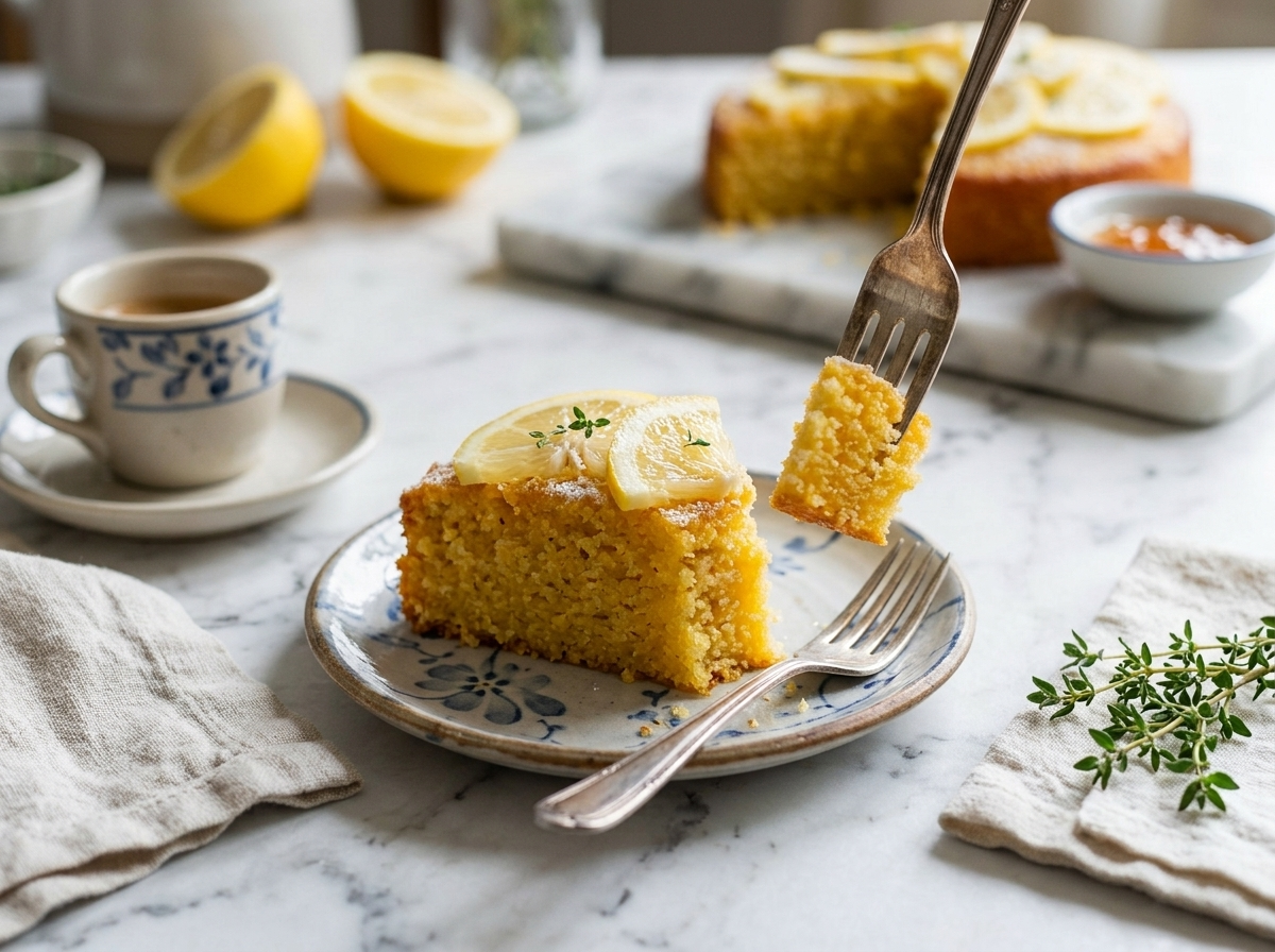A slice of lemon polenta cake on a small plate beside an espresso cup and linen napkin on a wood table