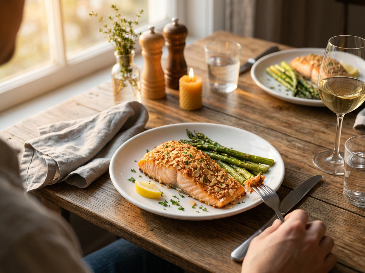 Two plates of almond crusted salmon with asparagus set on a linen-topped table at golden hour.