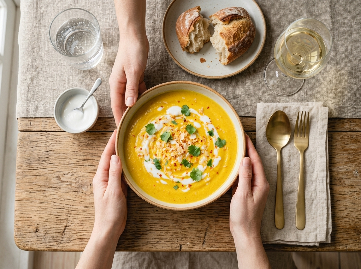 Hands cradling a warm bowl of coconut cauliflower soup at a wooden table with torn bread and a glass of water nearby