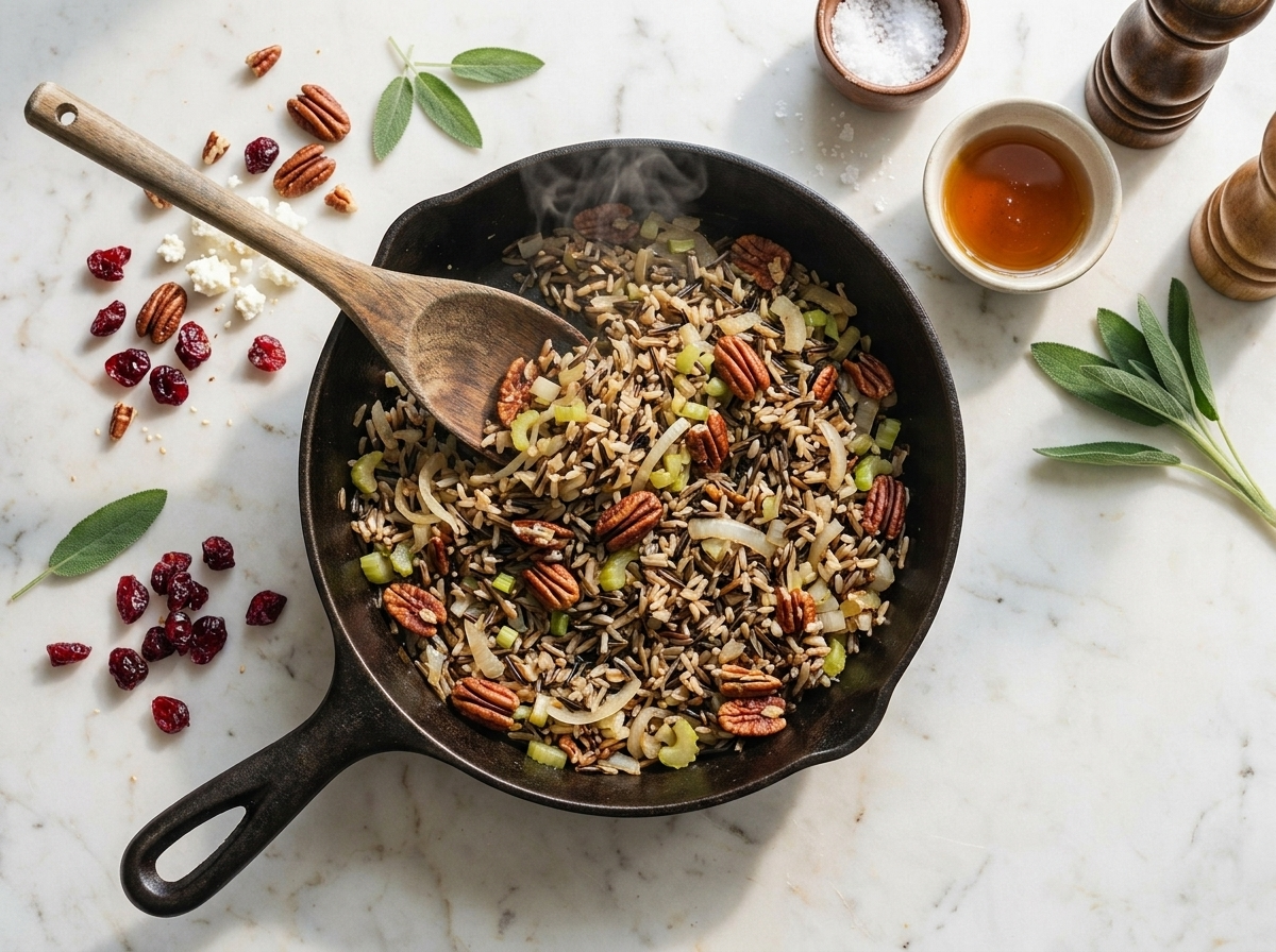 Cooked wild rice, sauteed onion, and toasted pecans being folded together in a cast-iron skillet before stuffing.