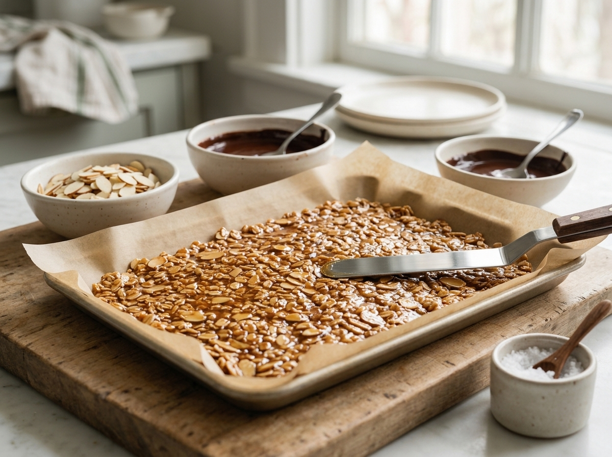Hands pressing a maple oat and almond mixture flat into a parchment-lined sheet pan before baking