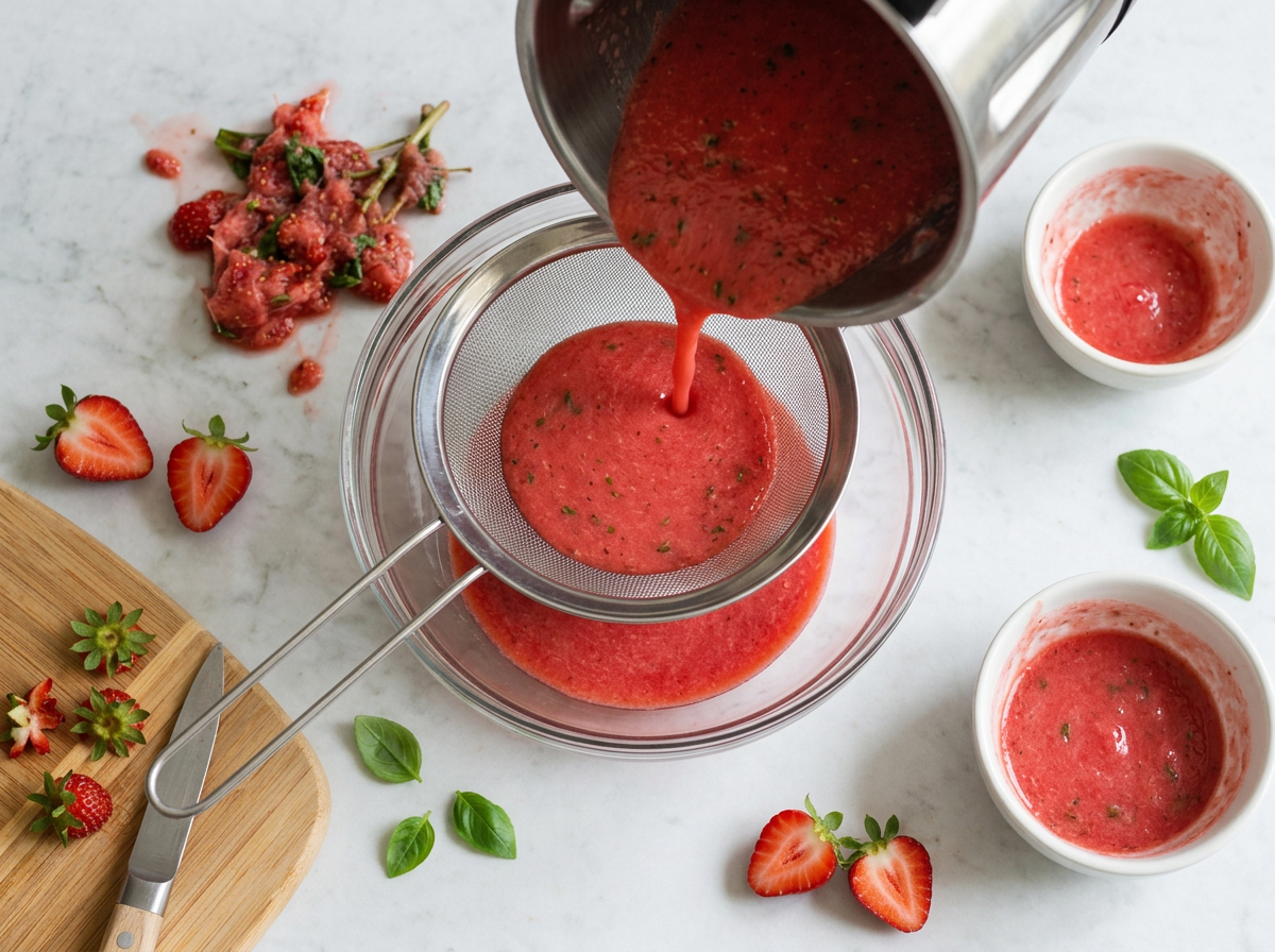 Bright red strawberry basil puree pouring through a fine-mesh sieve into a glass bowl beside a running blender.