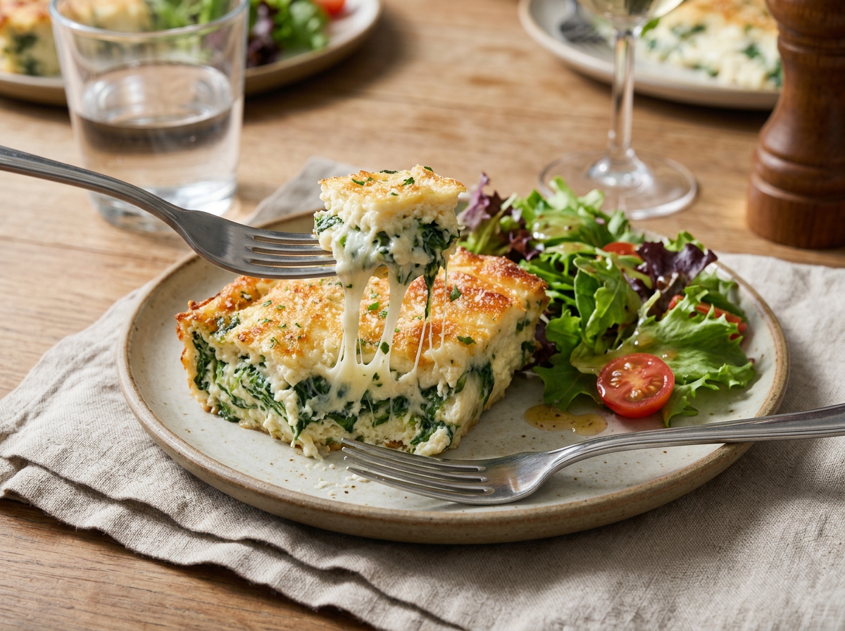 A plated square of ricotta spinach bake beside a green salad on a linen napkin with a fork resting nearby