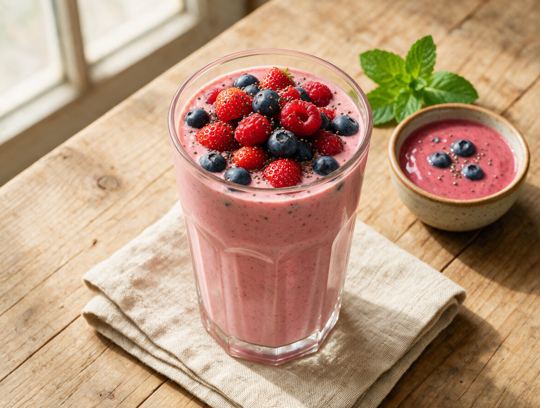 Tall glass of thick pink Baobab Berry Booster Smoothie topped with fresh berries and chia seeds on a wooden table