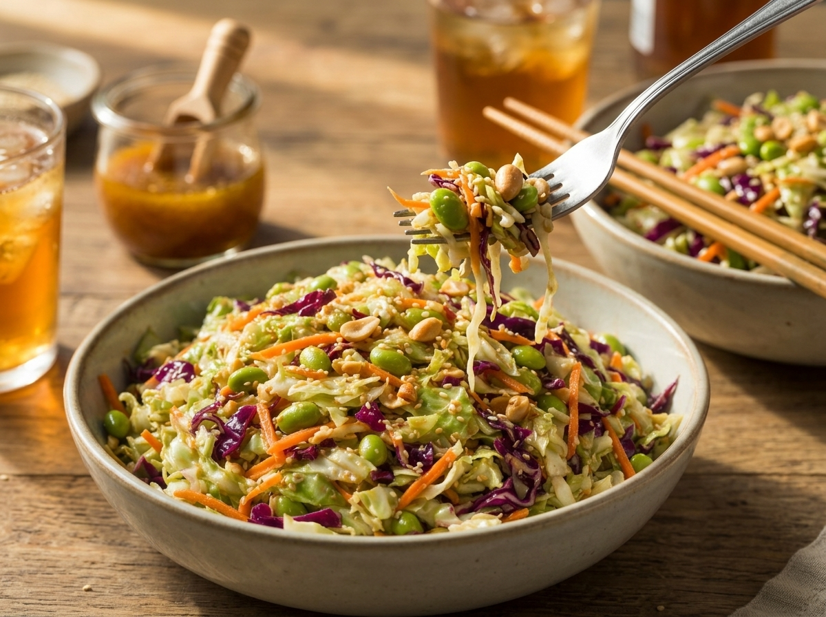 Two bowls of sesame ginger slaw on a wooden table with chopsticks, a dressing jar, and glasses of iced tea in soft light.