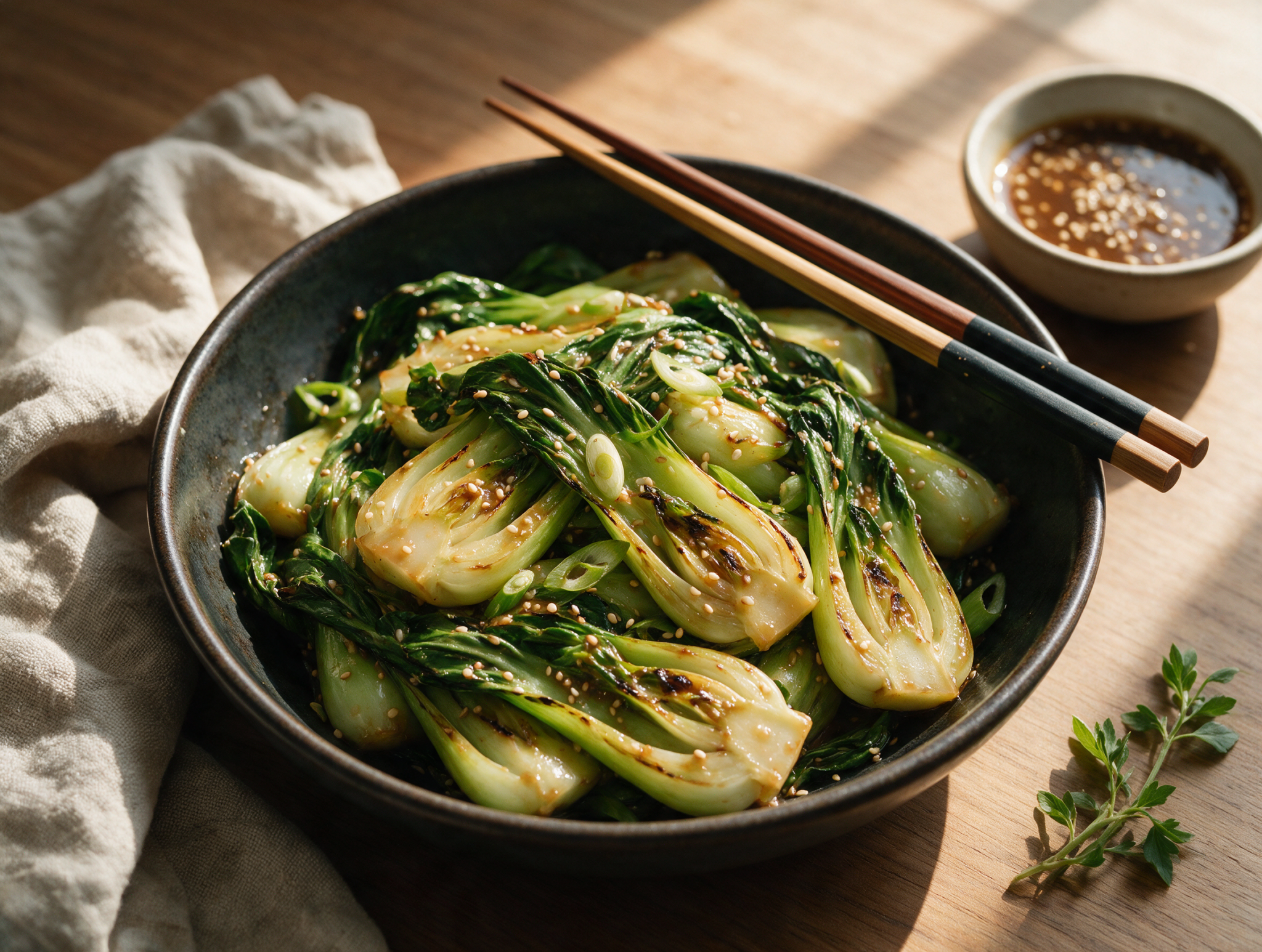 Glossy ginger sesame bok choy stir fry piled in a dark bowl with sesame seeds, scallions, and charred stalk edges visible