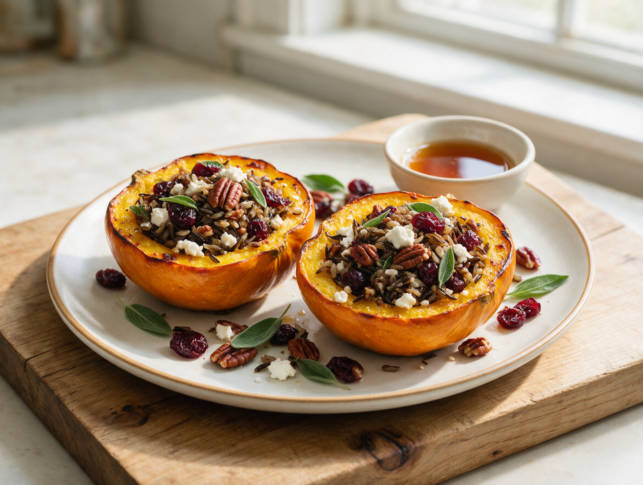 Roasted Stuffed Acorn Squash with Wild Rice and Pecans