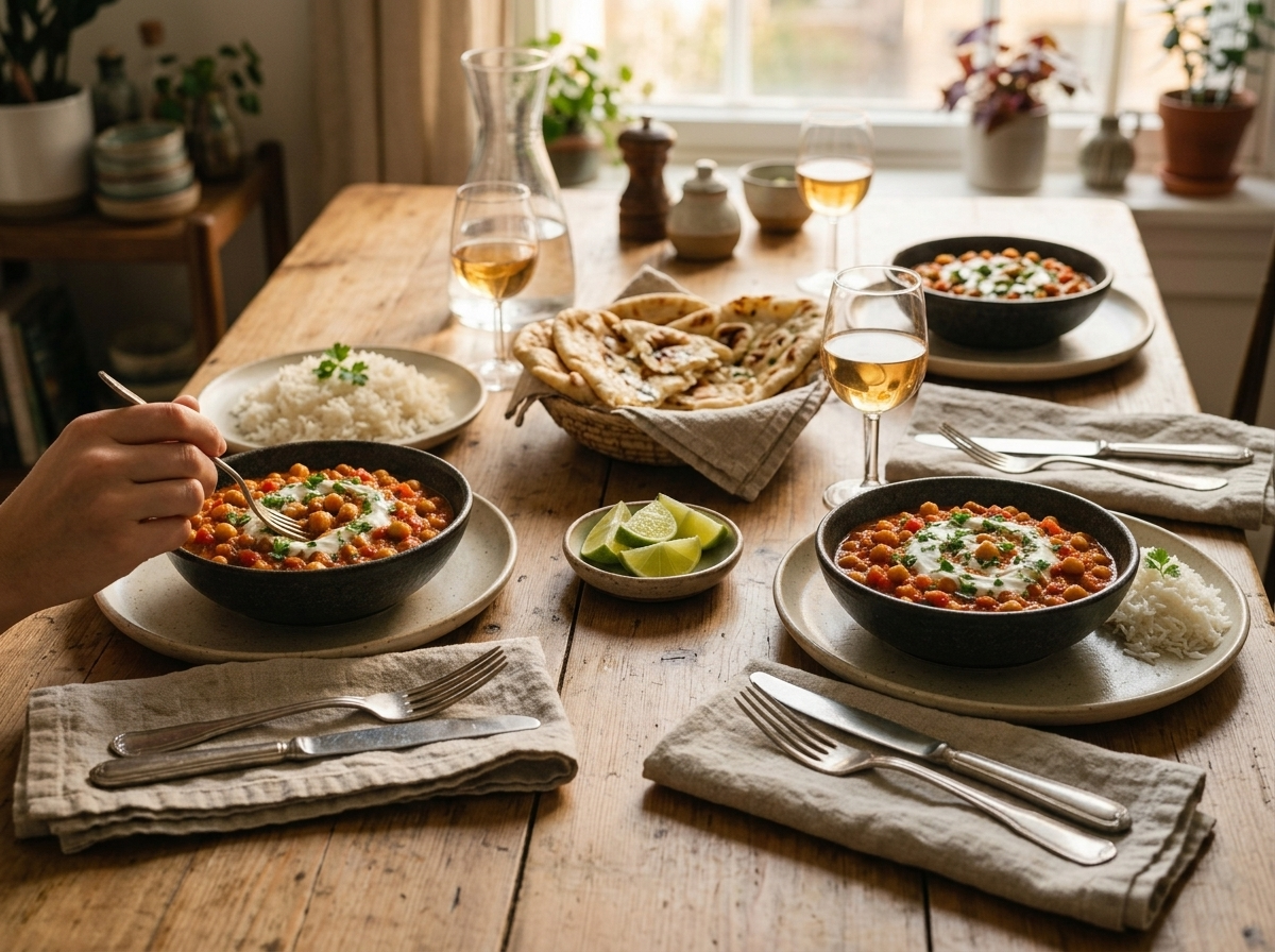 Two bowls of chickpea tikka masala with basmati rice and naan set on a linen napkin at a wood table