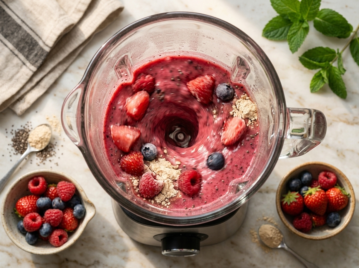 Blender jar mid-blend showing frozen berries, banana chunks, and baobab powder swirling into a pink puree