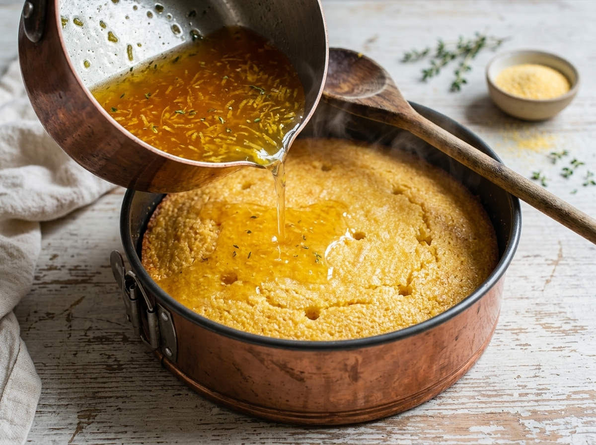 Warm lemon syrup being poured over a polenta cake still in its springform pan, syrup pooling in skewer holes