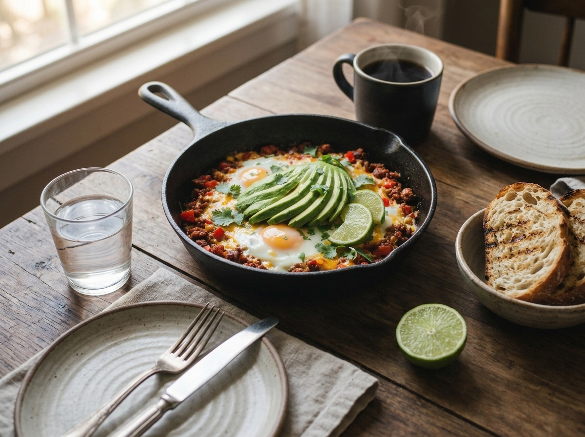 Overhead shot of hands scooping chorizo egg skillet onto a plate beside coffee and a linen napkin