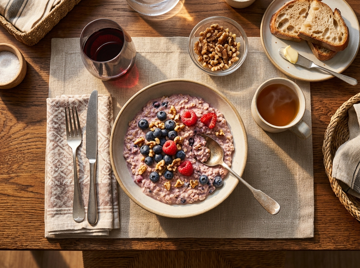 Jar of turmeric berry overnight oats on a linen napkin beside a spoon and mug of tea in morning light