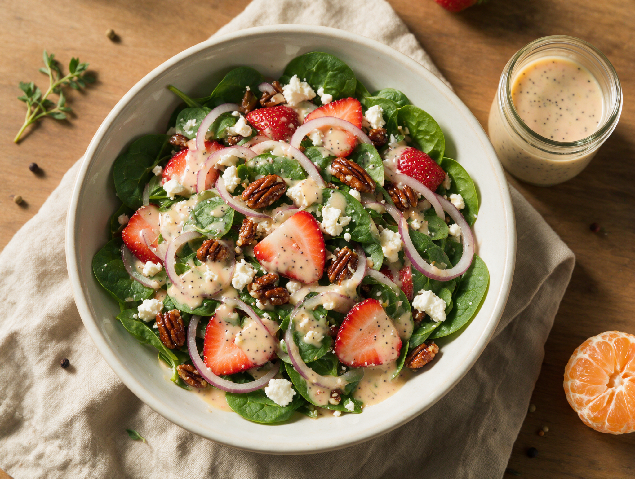 Overhead view of spinach, sliced strawberries, feta, and candied pecans in a wide bowl with dressing drizzled on top