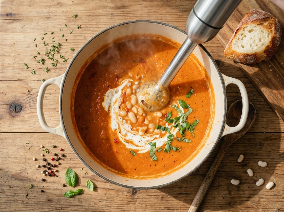 Immersion blender pureeing roasted peppers and white beans into a smooth soup inside a Dutch oven on the stove