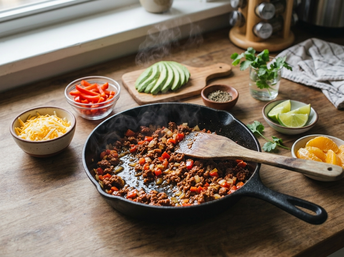 Crumbled chorizo sizzling with diced peppers and onion in a cast iron skillet, fat rendering at the edges