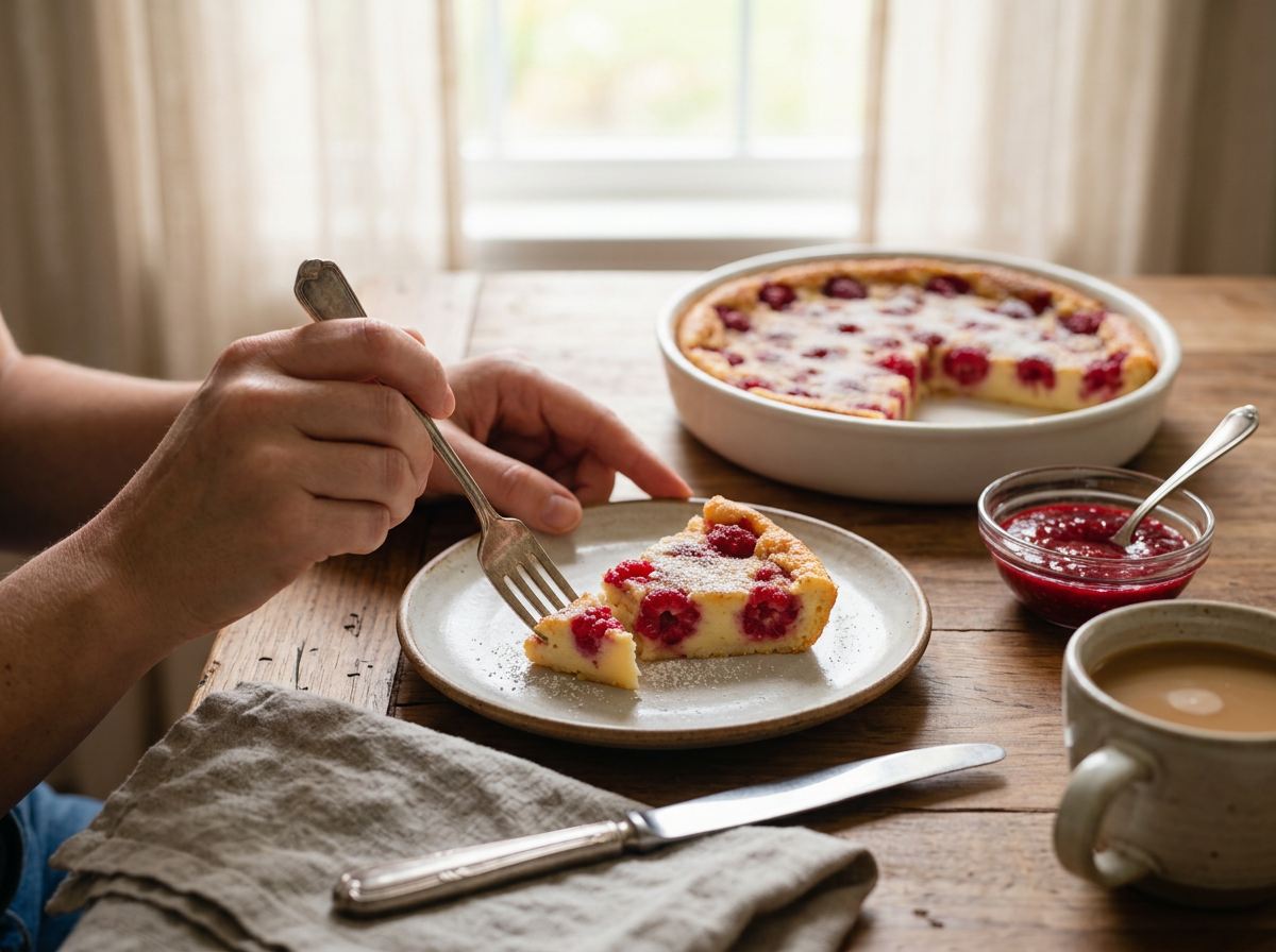 A fork cutting into a warm clafoutis slice at a rustic table with coffee and a linen napkin nearby