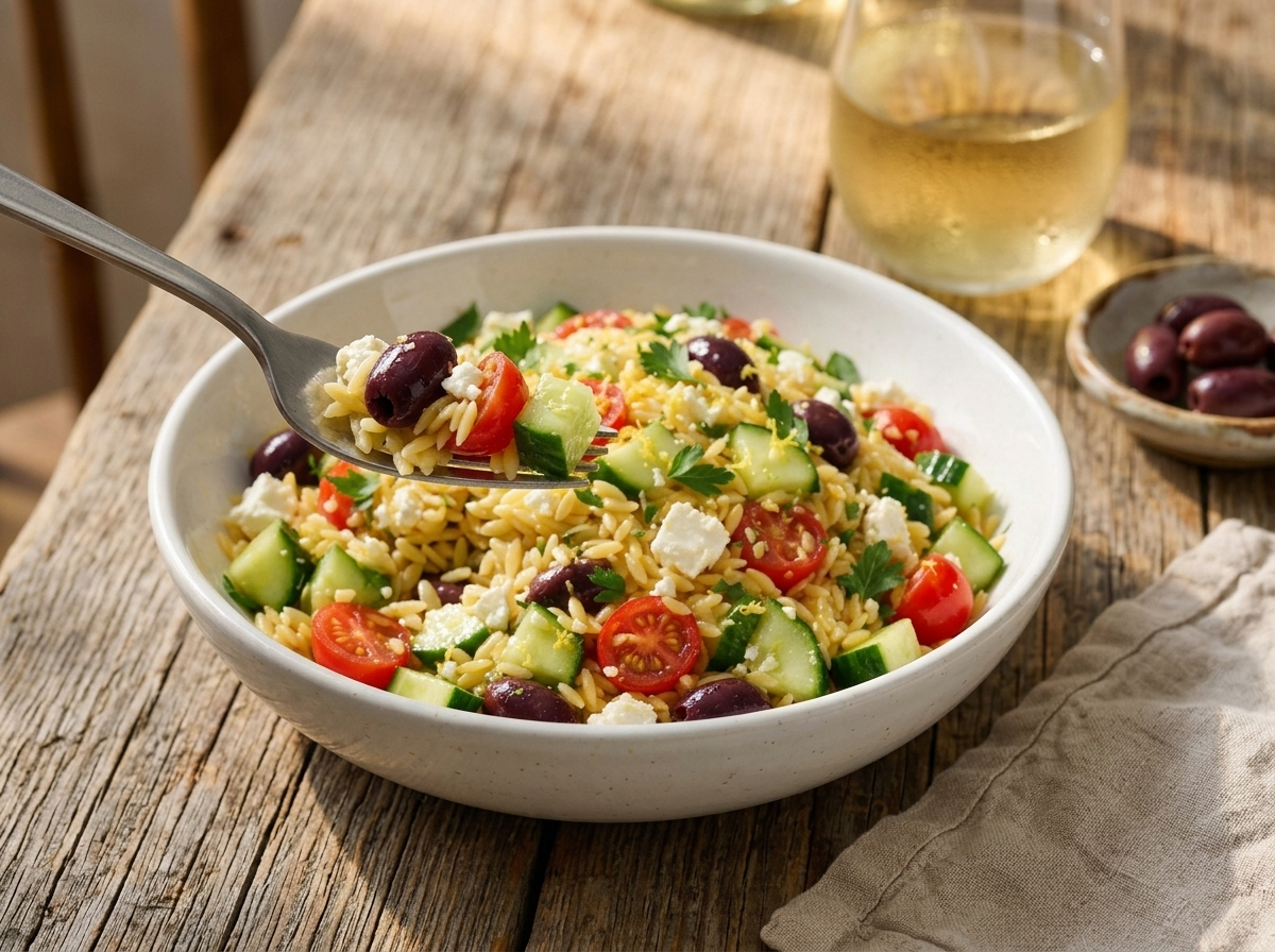 Two filled bowls of lemon orzo salad on a wooden table beside a glass of white wine and a folded linen napkin.
