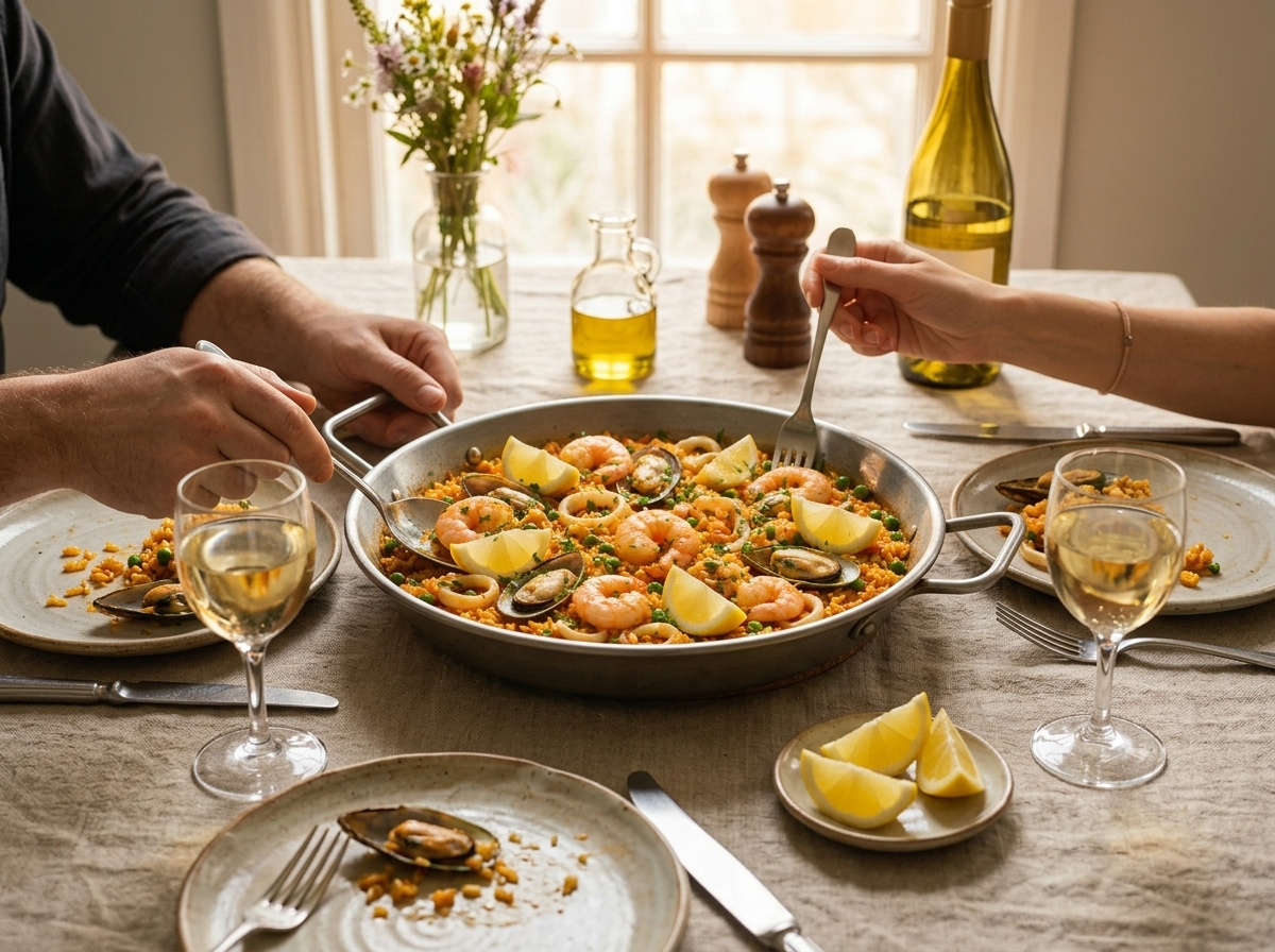 Hands reaching for shrimp and mussels from a shared paella pan on a linen table with lemon wedges and wine glasses.