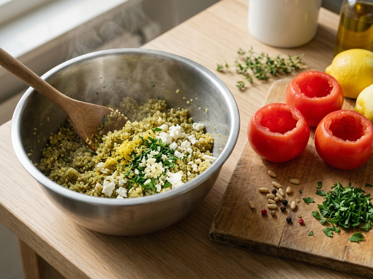 Stirring lemon zest and chopped parsley into a bowl of warm cooked quinoa before stuffing hollowed tomatoes.