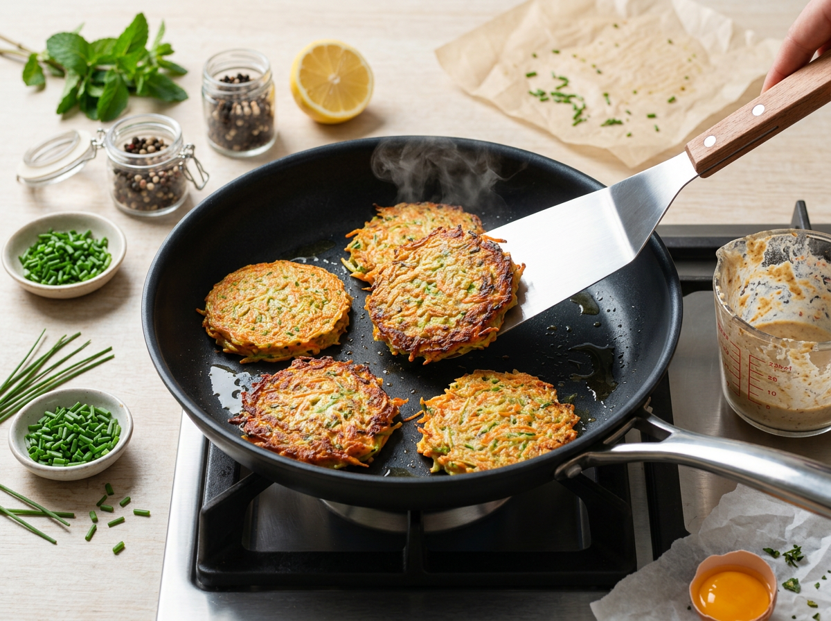 Buckwheat veggie pancake batter frying in a nonstick skillet, edges turning golden brown and crisp