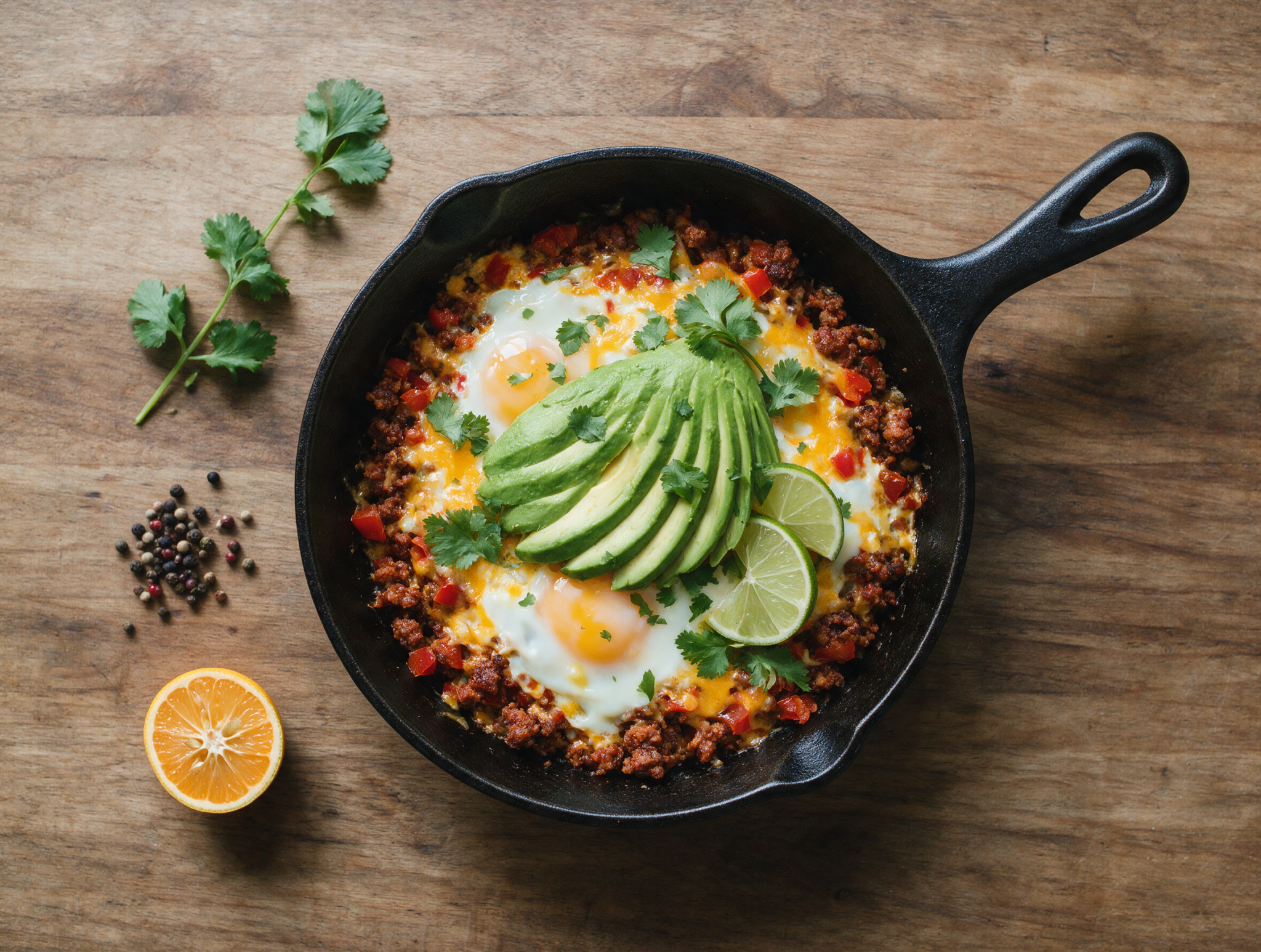 Cast iron skillet of chorizo and eggs with melted cheddar, sliced avocado and lime wedges on a wood table