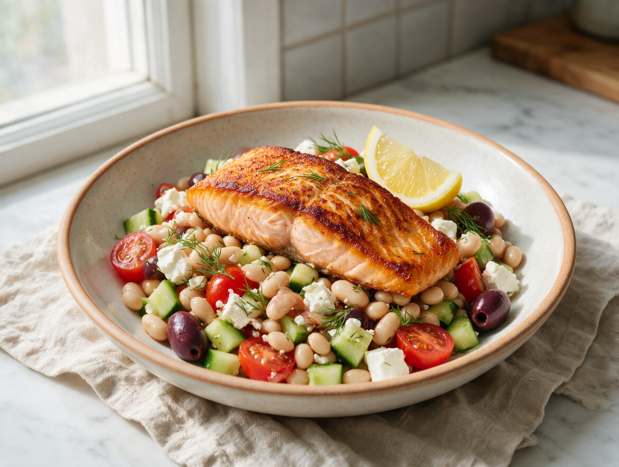 Seared salmon fillet with crisp skin on top of a white bean, tomato and feta salad in a ceramic bowl