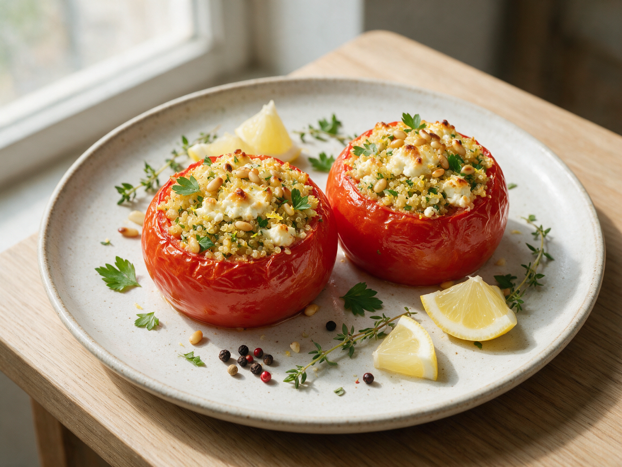 Baked Herbed Lemon Quinoa Stuffed Tomatoes with Feta