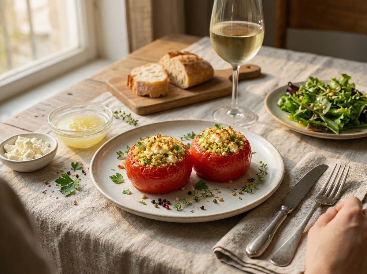 A wooden table set with stuffed tomatoes, a linen napkin, and a glass of chilled white wine in afternoon light.