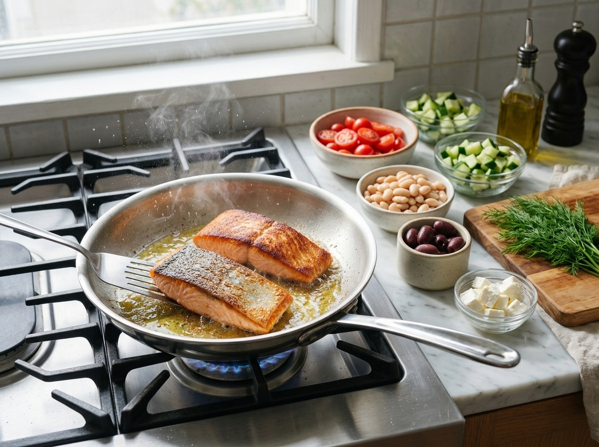 Two salmon fillets searing skin-side down in a stainless steel skillet with visibly crisping golden skin