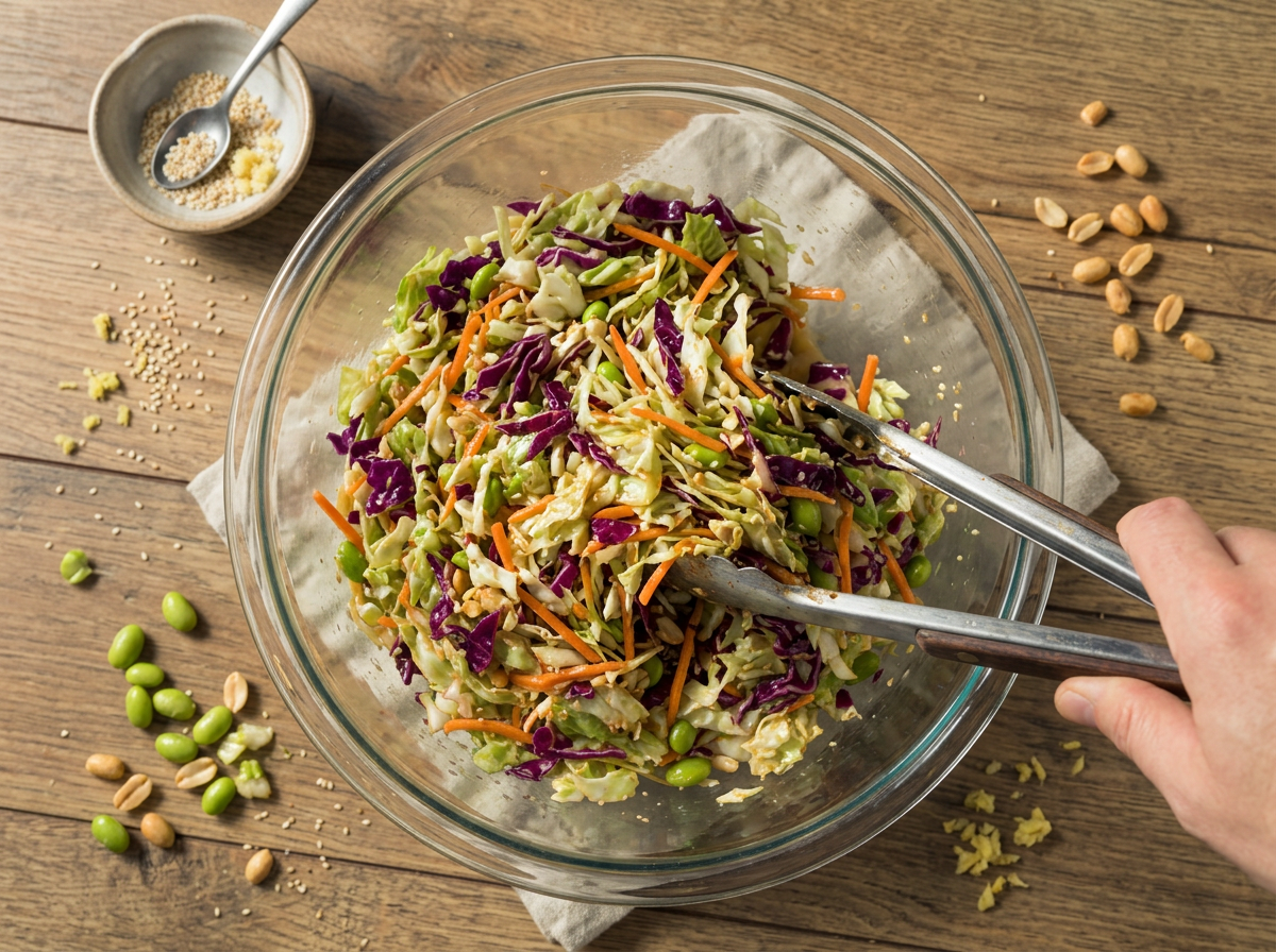 Tongs tossing shredded purple cabbage and carrots with sesame ginger dressing in a glass mixing bowl on a wood counter.