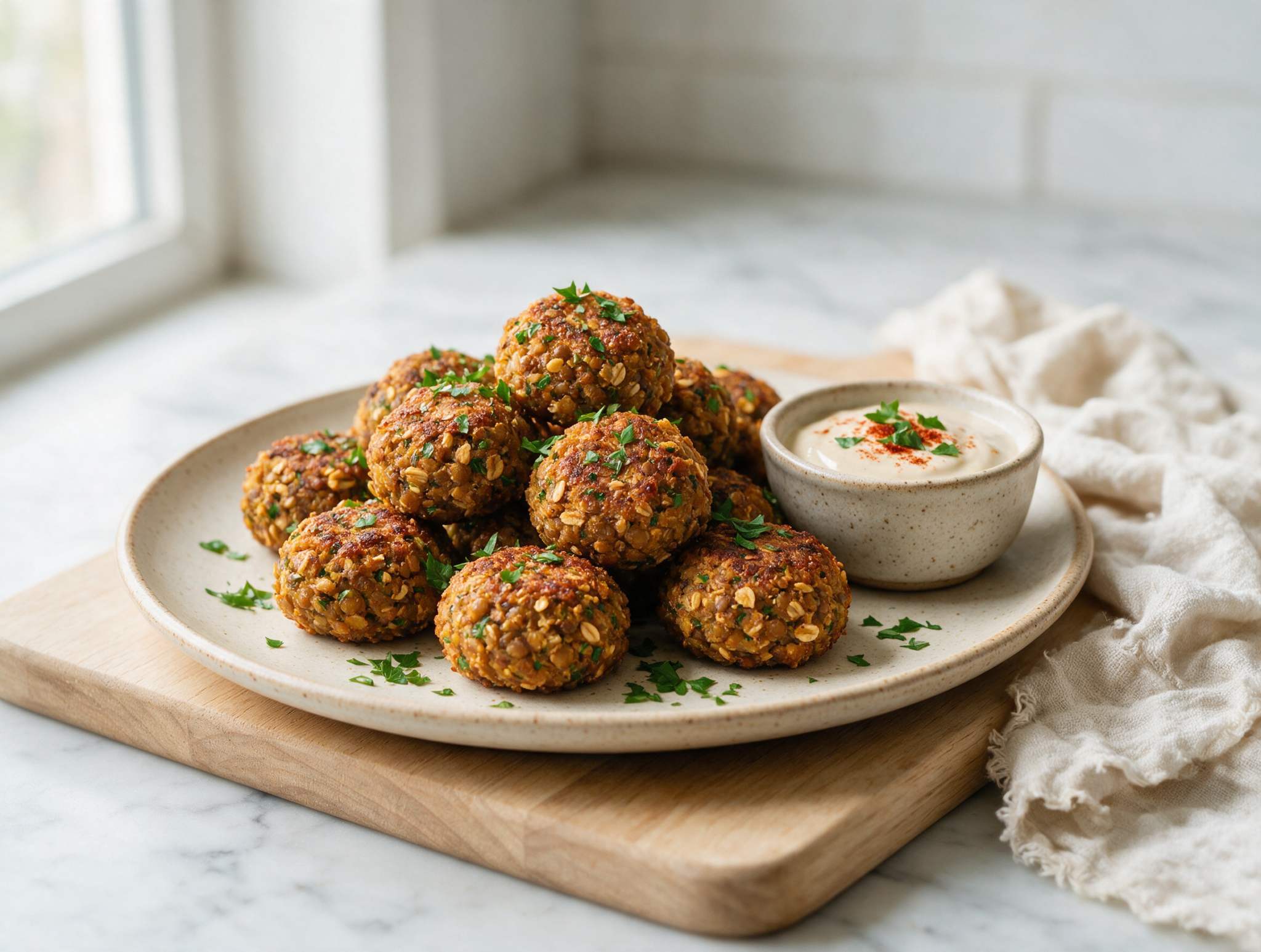 Golden-brown lentil meatballs piled on a wooden board with parsley flecks and a small bowl of yogurt sauce.