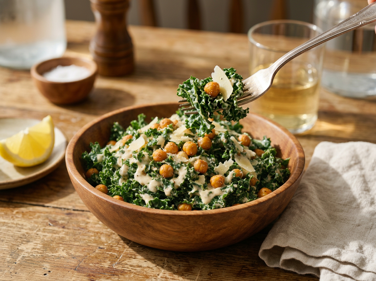 Table set with a bowl of kale Caesar salad, a glass of white wine, and a linen napkin in warm afternoon light