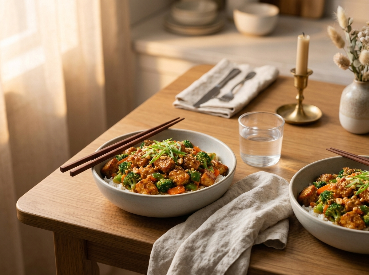 Two bowls of tempeh stir fry on a linen napkin with chopsticks and a small dish of peanut sauce nearby, warm light.