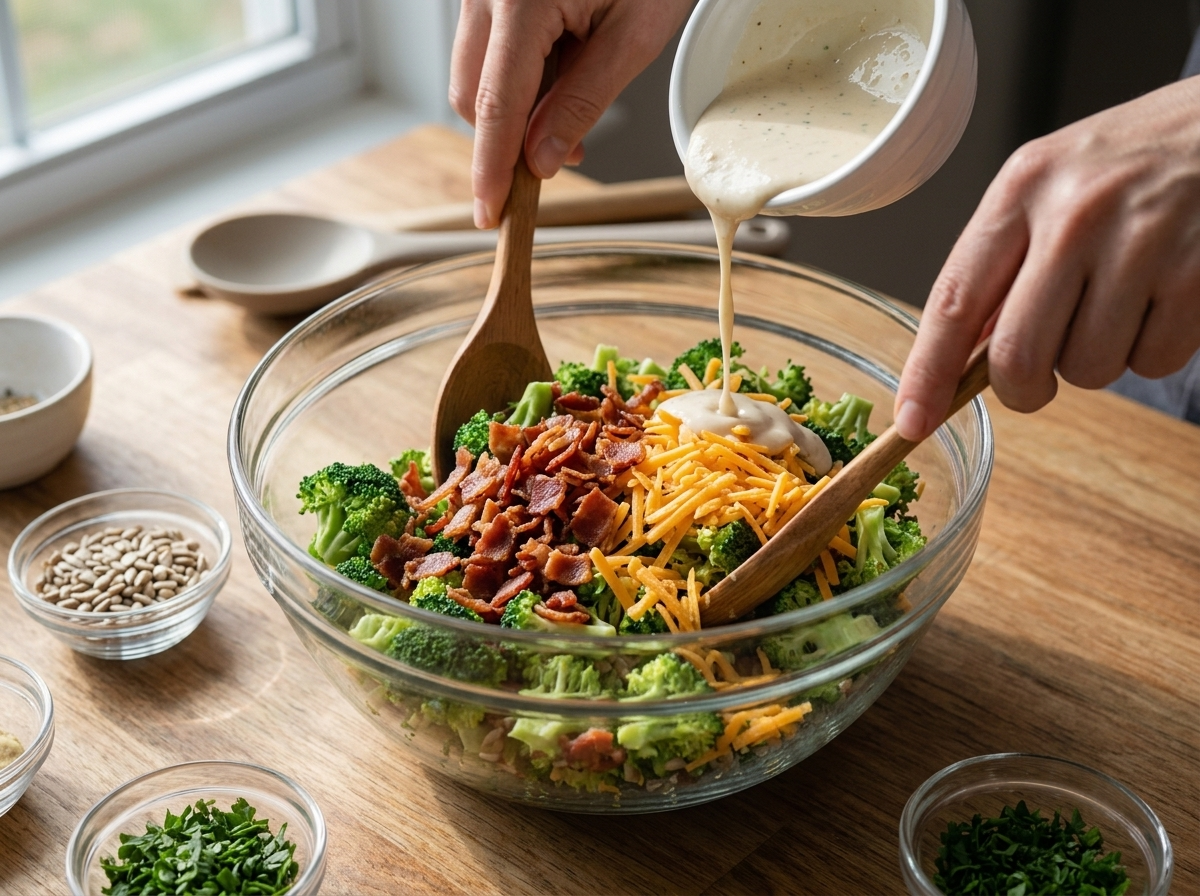 Hands tossing chopped raw broccoli with crumbled bacon and cheddar in a glass mixing bowl as dressing is poured in.
