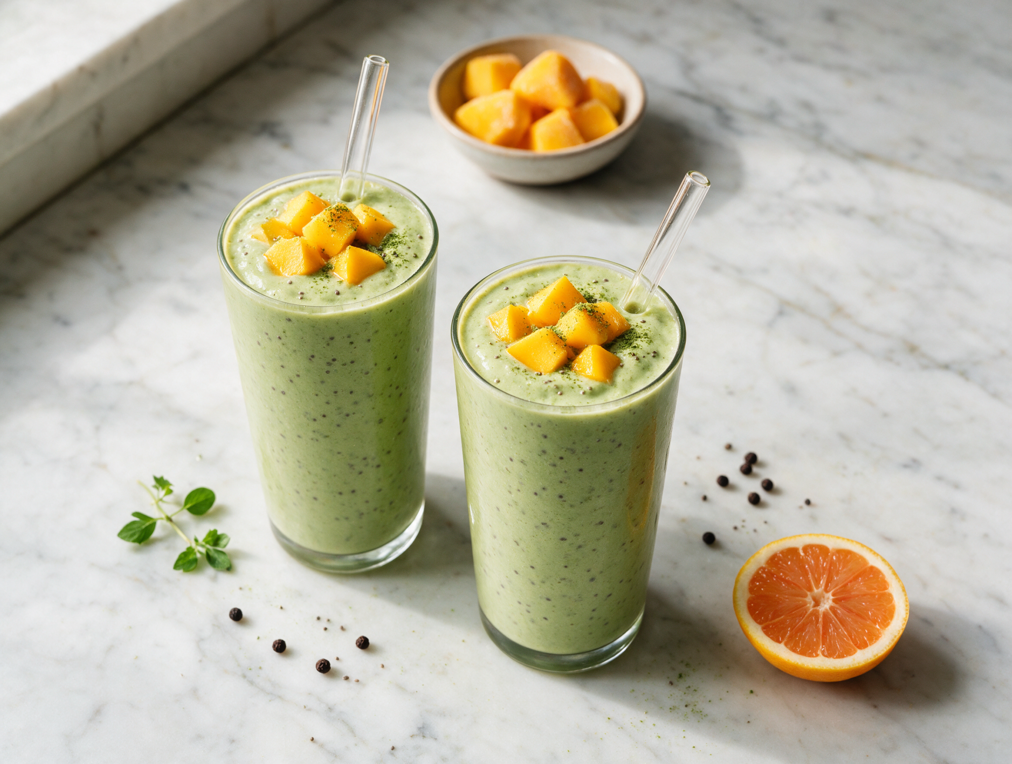 Two glasses of pale green matcha mango coconut smoothie topped with mango cubes and chia seeds on a linen napkin.