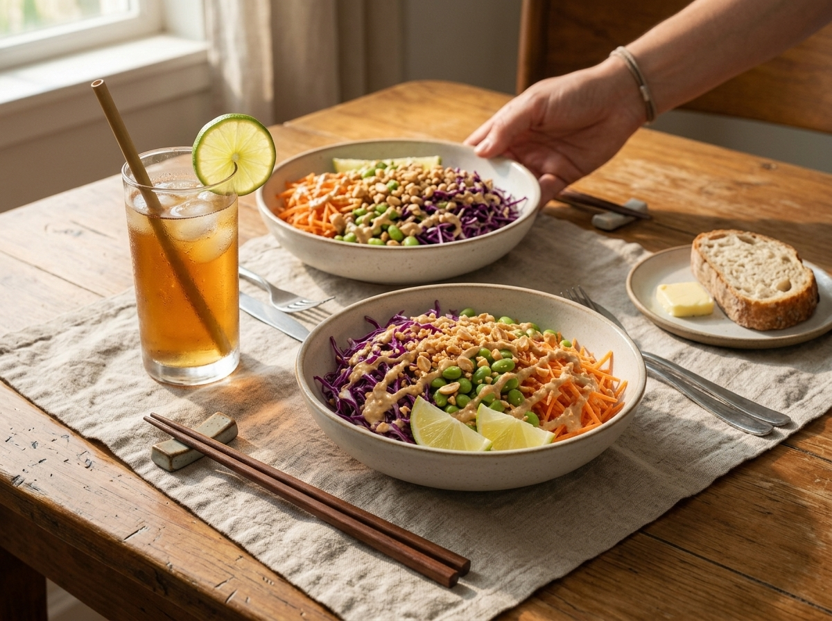 Two peanut crunch salad bowls on a linen napkin with chopsticks and iced tea glasses on a wooden table