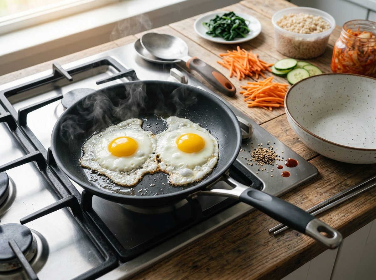 Two eggs frying in a nonstick skillet with whites just setting, wilted spinach resting on a plate beside the stove