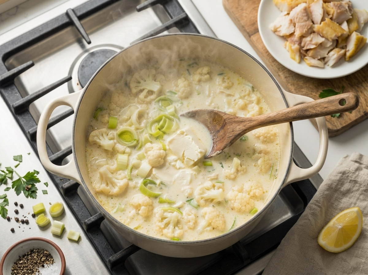 Ladle stirring cream cheese into a simmering pot of cauliflower, leek, and flaked smoked haddock in a Dutch oven.