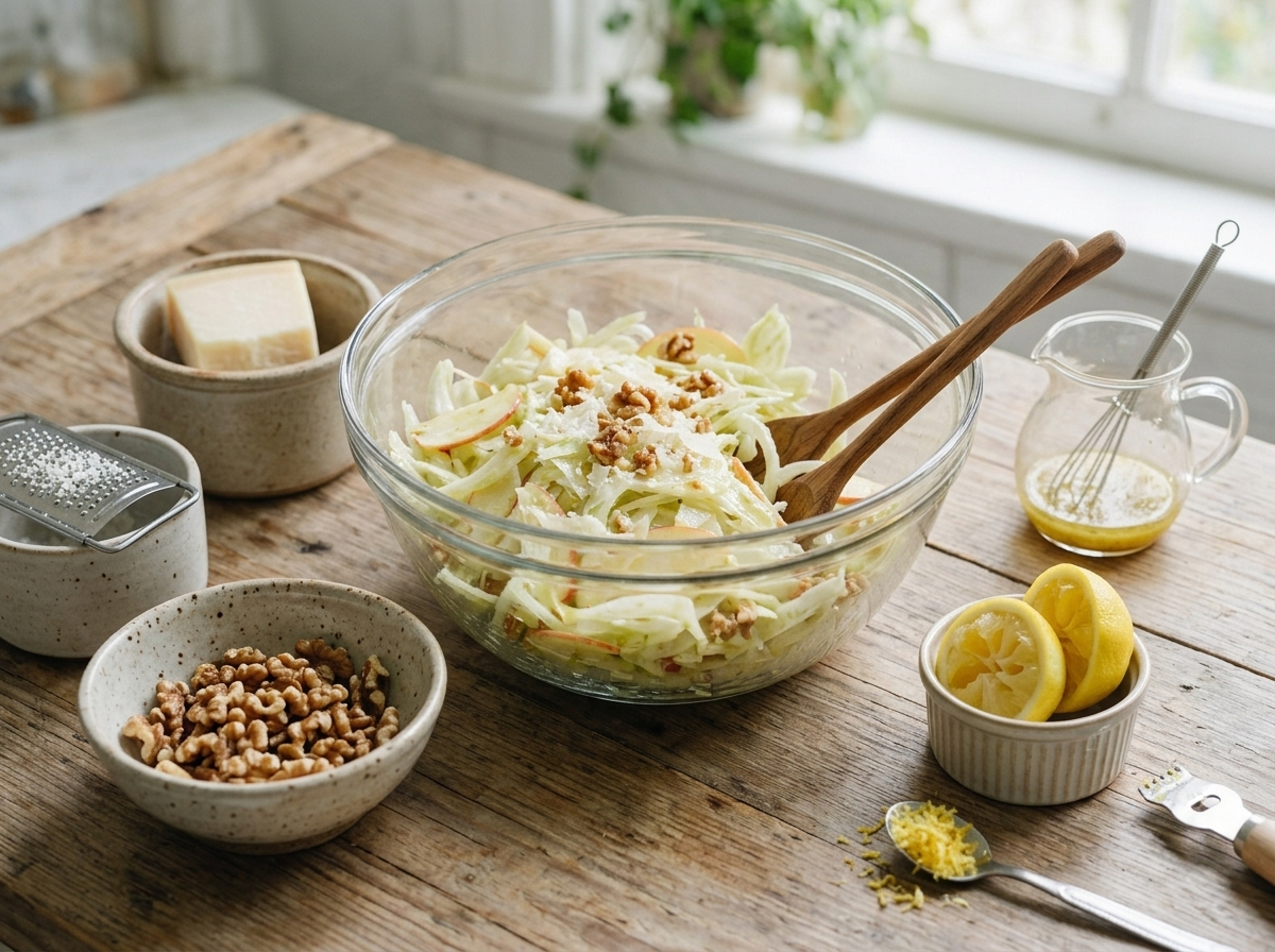 Hands tossing thin fennel and apple slices with lemon vinaigrette in a glass mixing bowl on a countertop