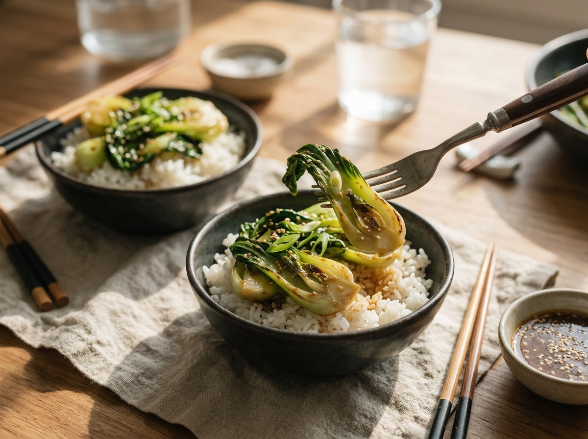 Two bowls of rice topped with bok choy stir fry on a linen napkin, chopsticks resting beside a small soy sauce dish