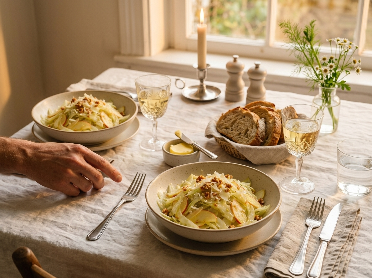 Two rustic bowls of fennel apple salad on a linen-topped table with a glass of white wine and crusty bread
