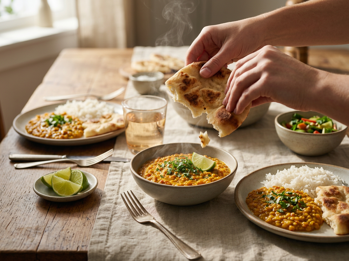 Hands tearing warm naan over a bowl of lentil dahl at a wooden table set with lime wedges and water.