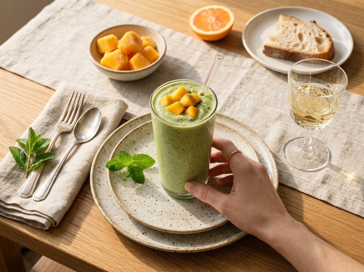A hand reaching for a glass straw in a matcha mango coconut smoothie on a sunlit kitchen table.