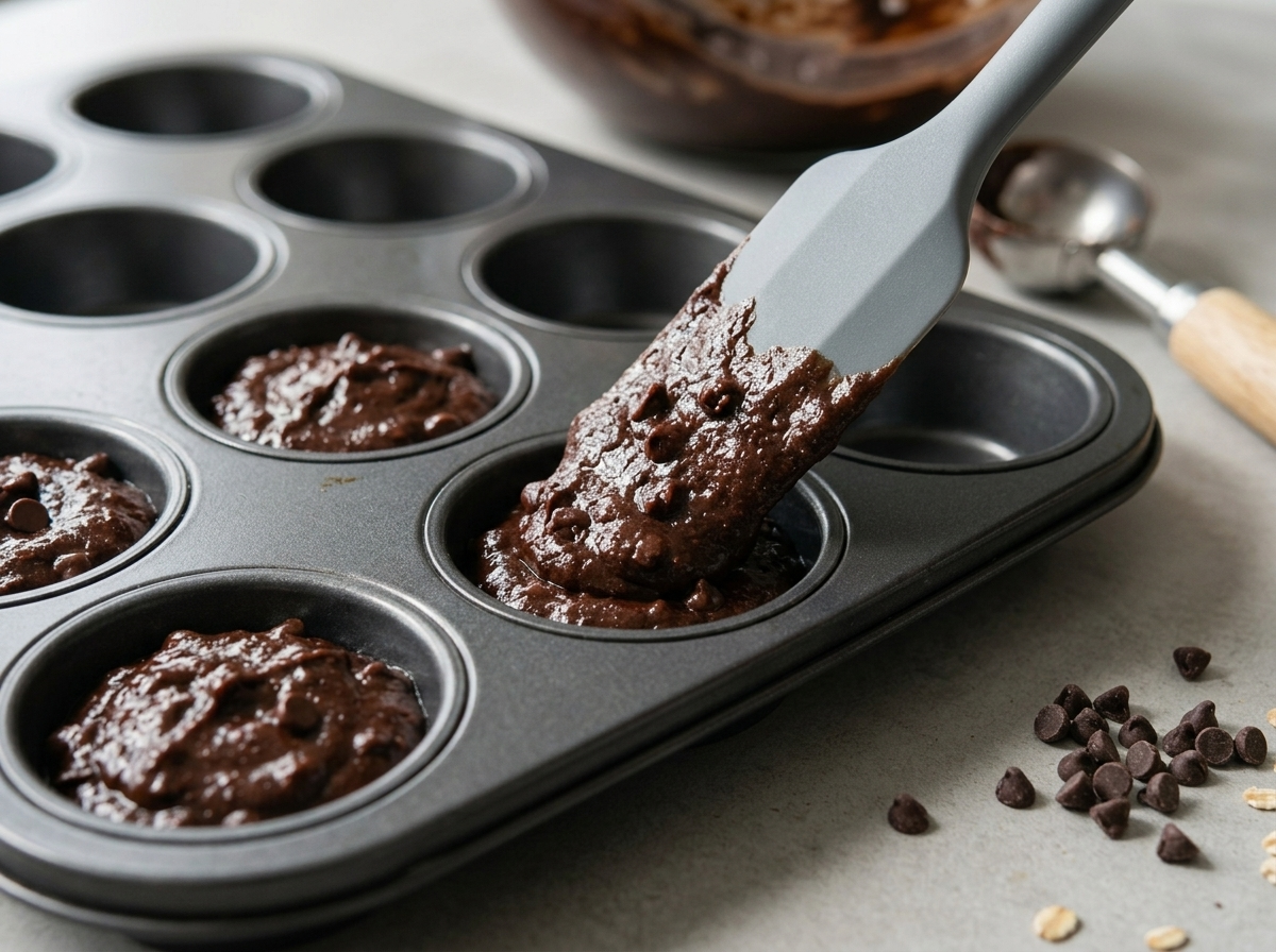 Glossy brownie batter being spooned into a mini muffin tin, mini chocolate chips scattered across the counter nearby.
